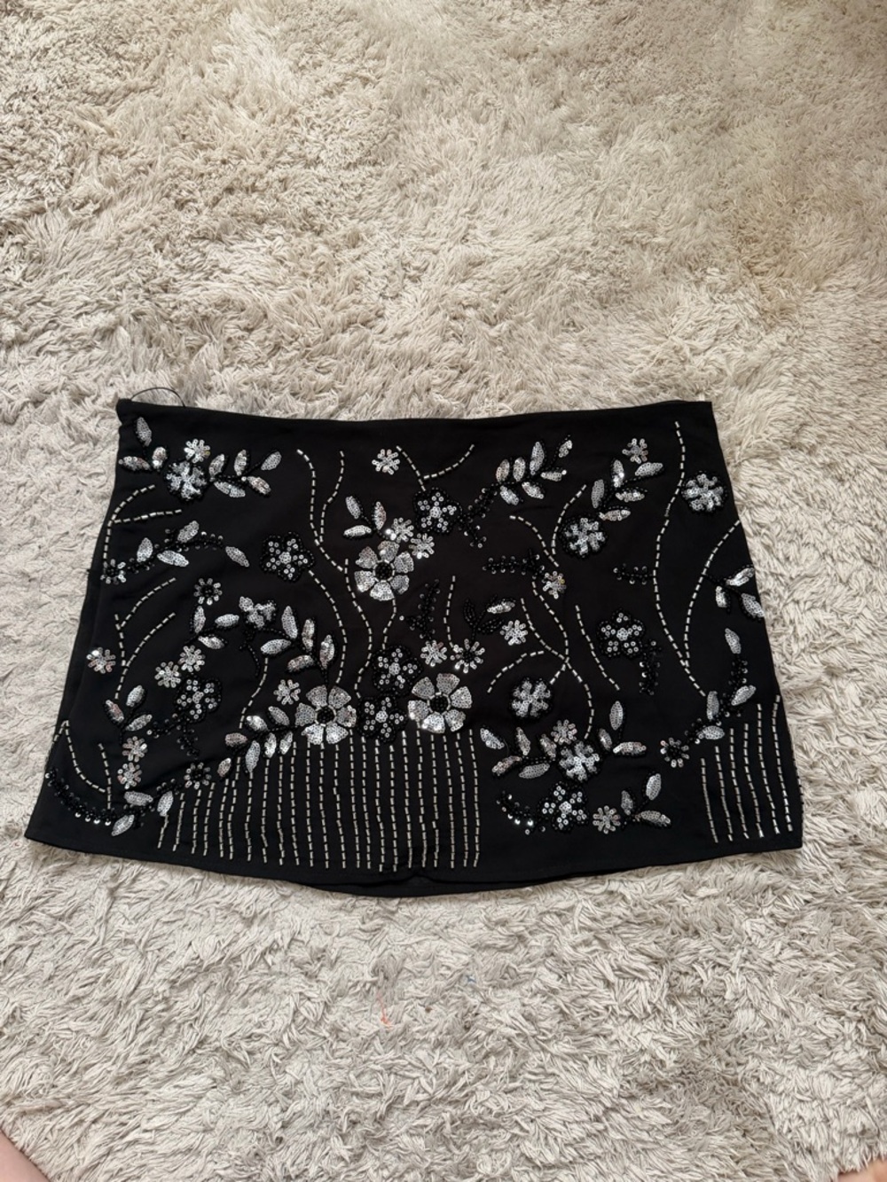 Black Embroidered Mini Skort with Silver Floral Accents